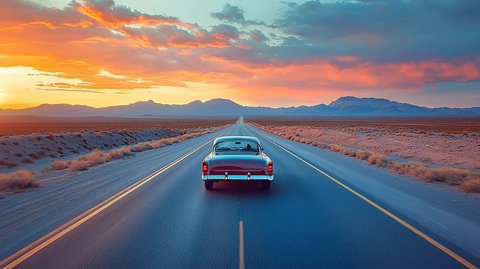 沙漠公路上的经典汽车