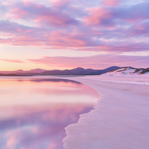 平静水面映夕阳沙丘连云彩