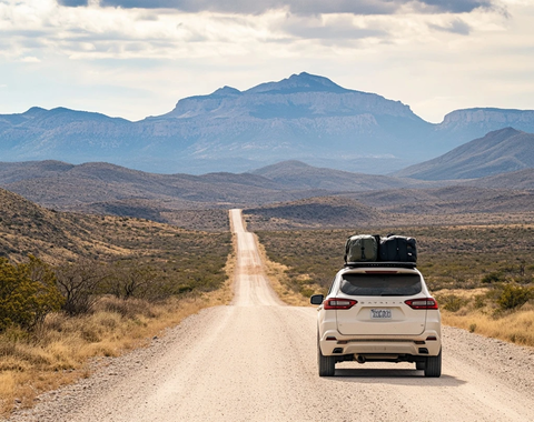 沙漠公路白色行李车顶