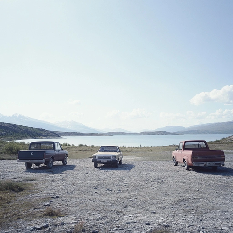 汽车排列湖景远山