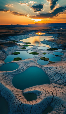 夕阳湖面绿岛荒原