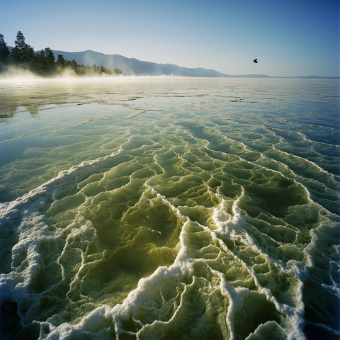 湖水盐岩晨光飞鸟