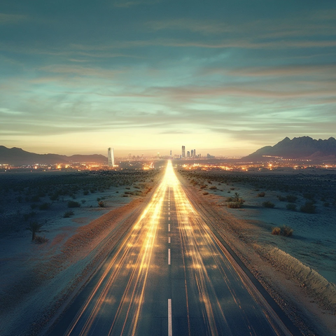 现代公路与古道交织沙漠景观