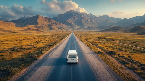 白色露营车独行远山公路