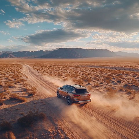 沙漠中行驶的日产探路者