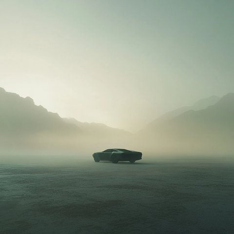 雾中沙地小车景观