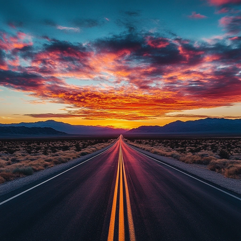 沙漠公路延伸至夕阳