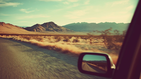 车窗风景与山脉倒影