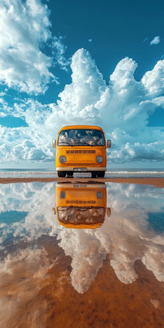 海滩上的金色小巴与水面倒影