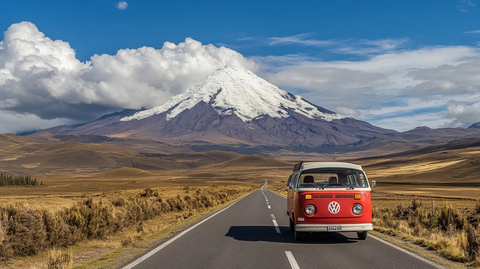 大众面包车行驶于火山前