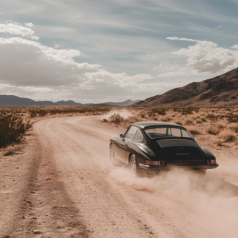 保时捷驶过沙漠尘土飞扬