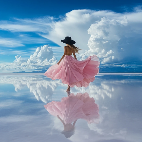 粉裙女子漫步镜面湖