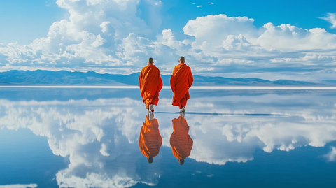 僧人湖面行走镜面反射