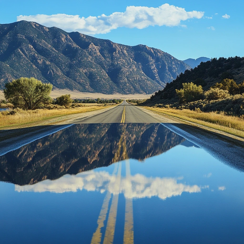 湖面映山道路倒影