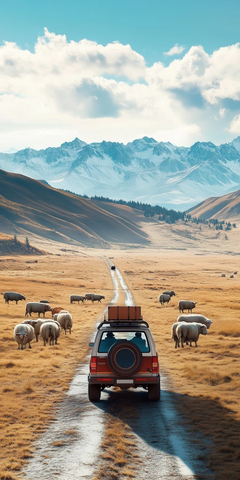 越野车行李箱草原羊群