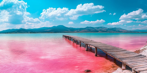 粉色盐湖木桥远山