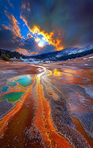 蓝色夕阳黑色光线绿色云层