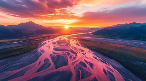 山间河流波纹夕阳光映