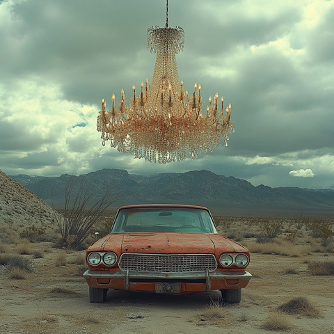 沙漠中的老式汽车与巨型吊灯