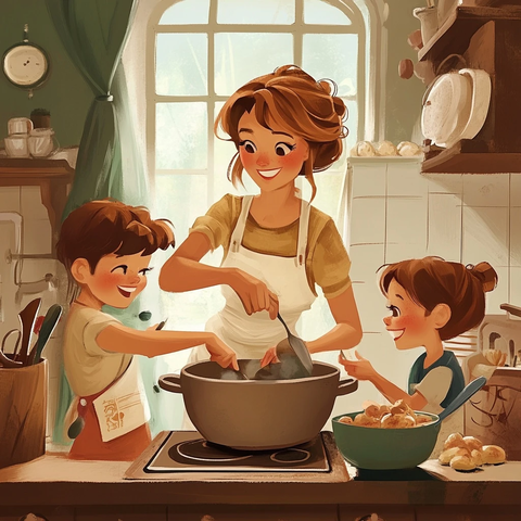 妈妈和孩子们一起烹饪