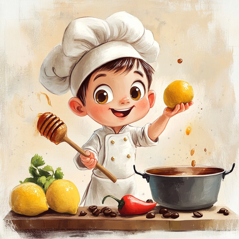 小男孩穿厨师服煮柠檬蜂蜜咖啡