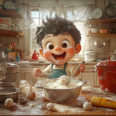 玩面粉的快乐小孩