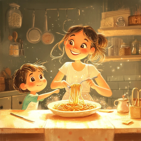 妈妈做意大利面孩子期待晚餐