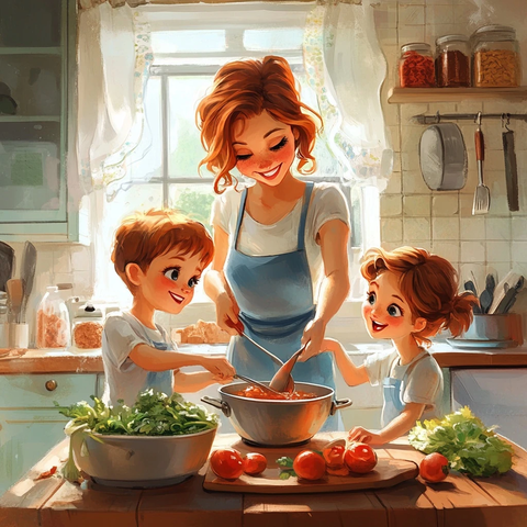 母亲与孩子在厨房做饭