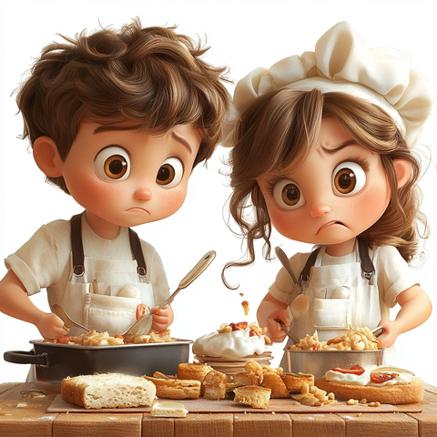 小厨师忙乱中烹饪不同菜肴