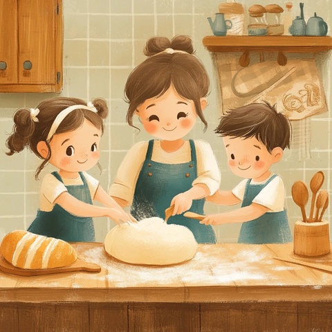 妈妈和孩子一起做面团