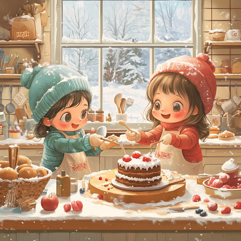 孩子们厨房穿冬装做蛋糕