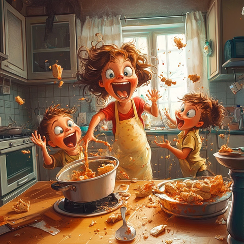 母亲与孩子厨房欢乐烹饪