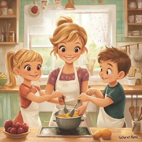 妈妈和孩子们一起烹饪