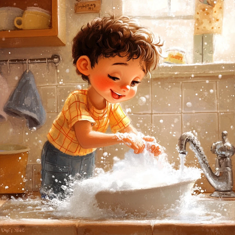 孩子洗碗泡沫满天飞