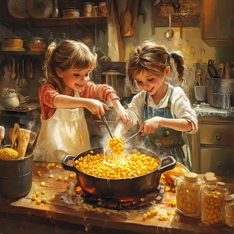 两个女孩和一个男孩煮玉米奶酪