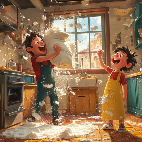 面粉洒满厨房父子笑翻天