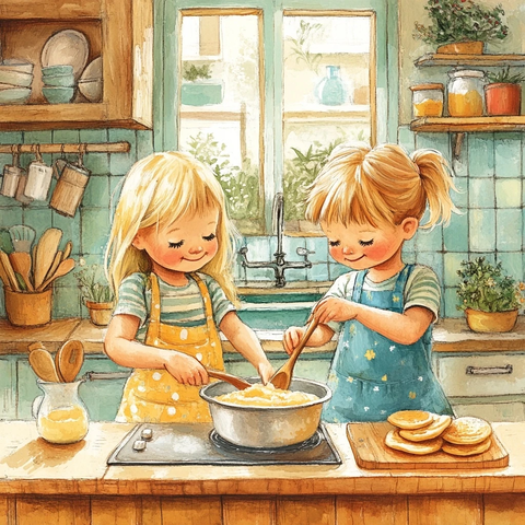 孩子做煎饼与友善女士