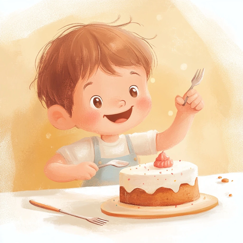 孩子吃蛋糕招手朋友