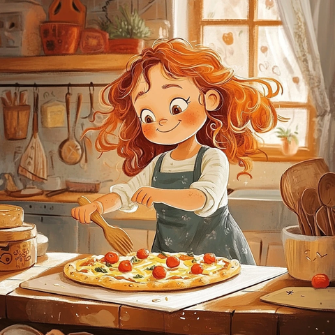 女孩做披萨与馅饼插画