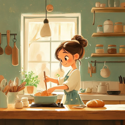 女孩厨房烹饪场景