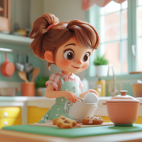 女孩厨房烤饼干洗碗