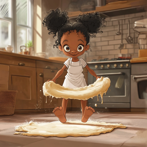 小女孩用脚抛披萨面团