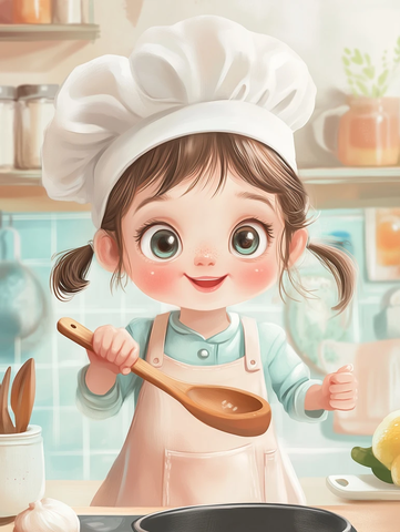 小厨师女孩手持木勺