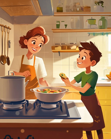 彼得潘装扮儿子与母亲厨房互动