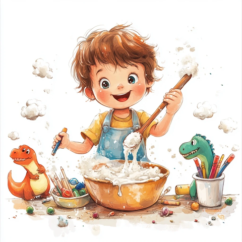 孩子搅拌彩色面糊周围散落玩具