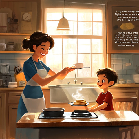 母亲煎饼与男孩期待早餐