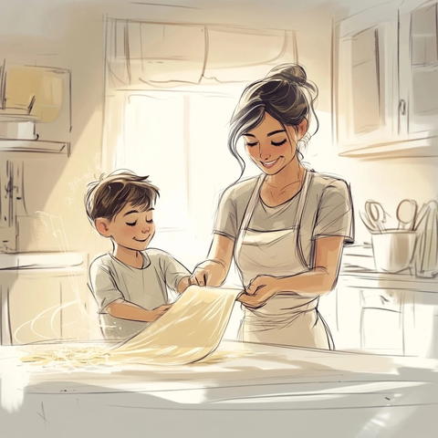 妈妈教儿子做意大利面