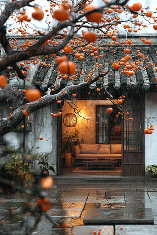 雨中柿景