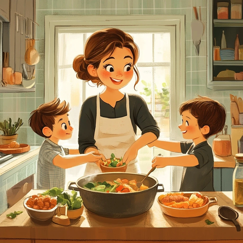 妈妈忙碌准备孩子午餐