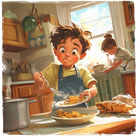 小孩扔食物妈妈做饭